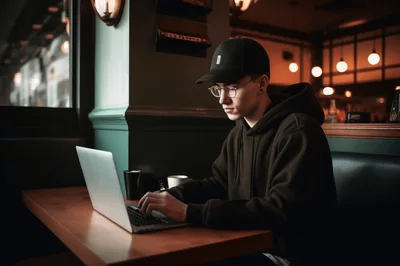 Young Man Working On Laptop In Dimly Lit Cafe