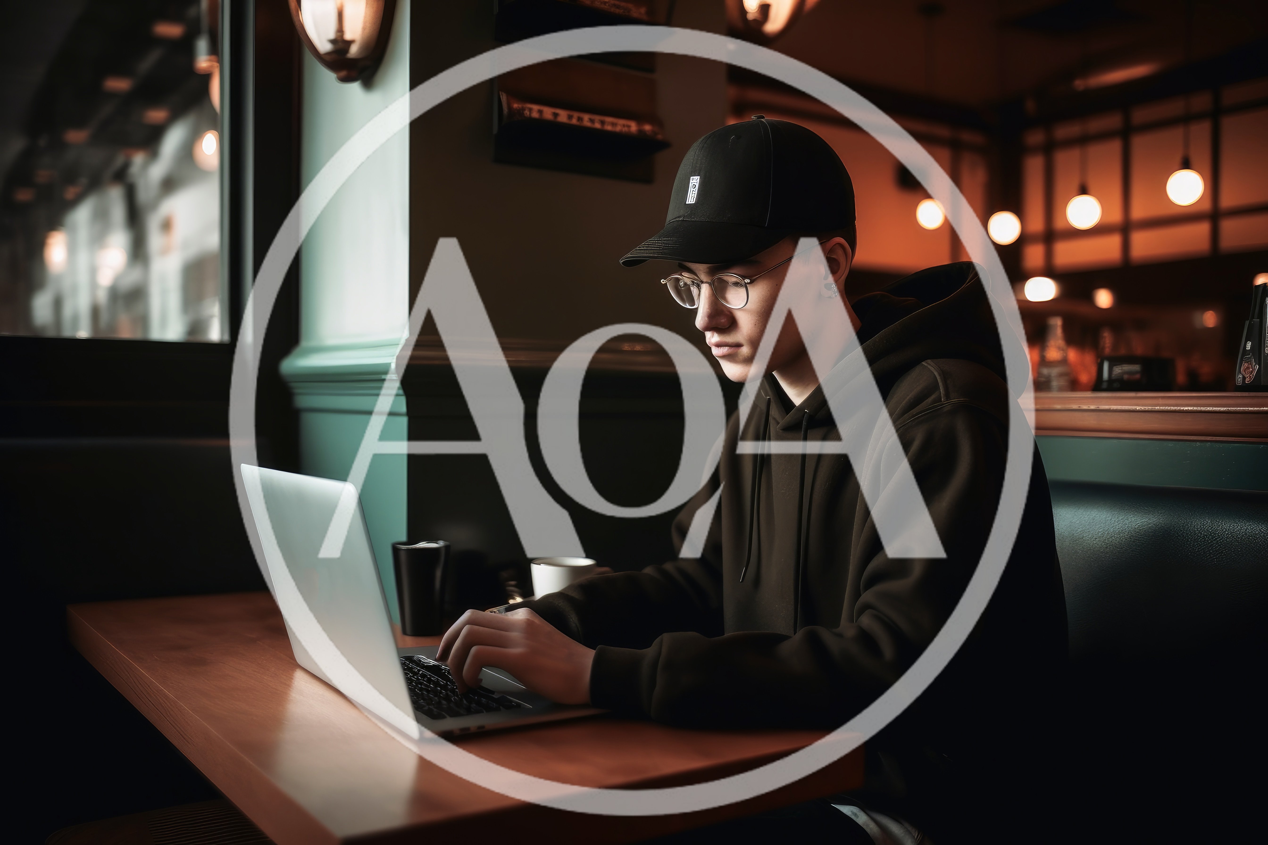 Young Man Working On Laptop In Dimly Lit Cafe