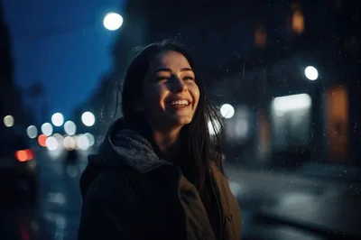 Young Woman Smiling Under Night Rain In City