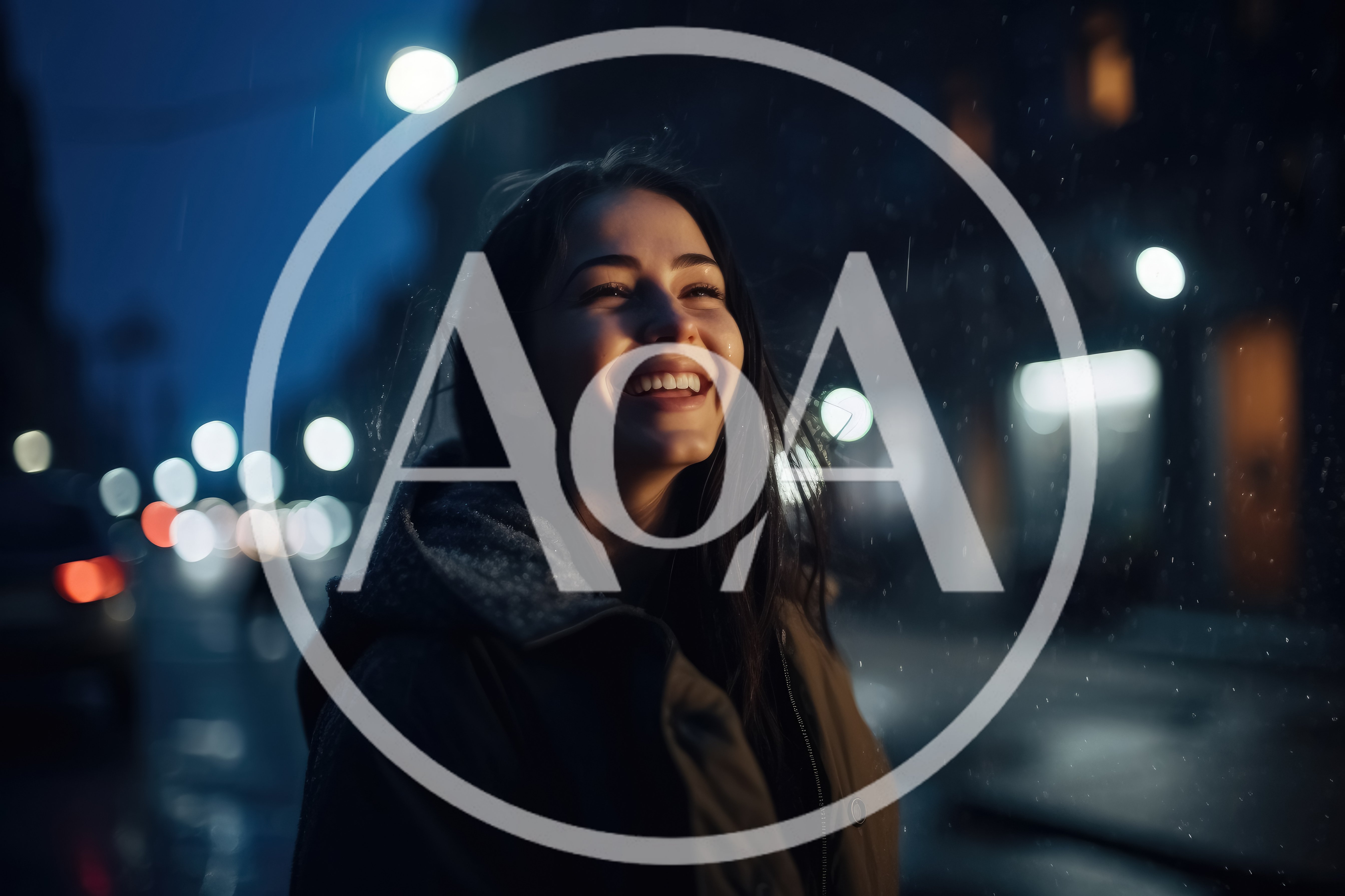 Young Woman Smiling Under Night Rain In City