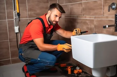 Professional Plumber Installing A Wall Mounted Bathroom Sink