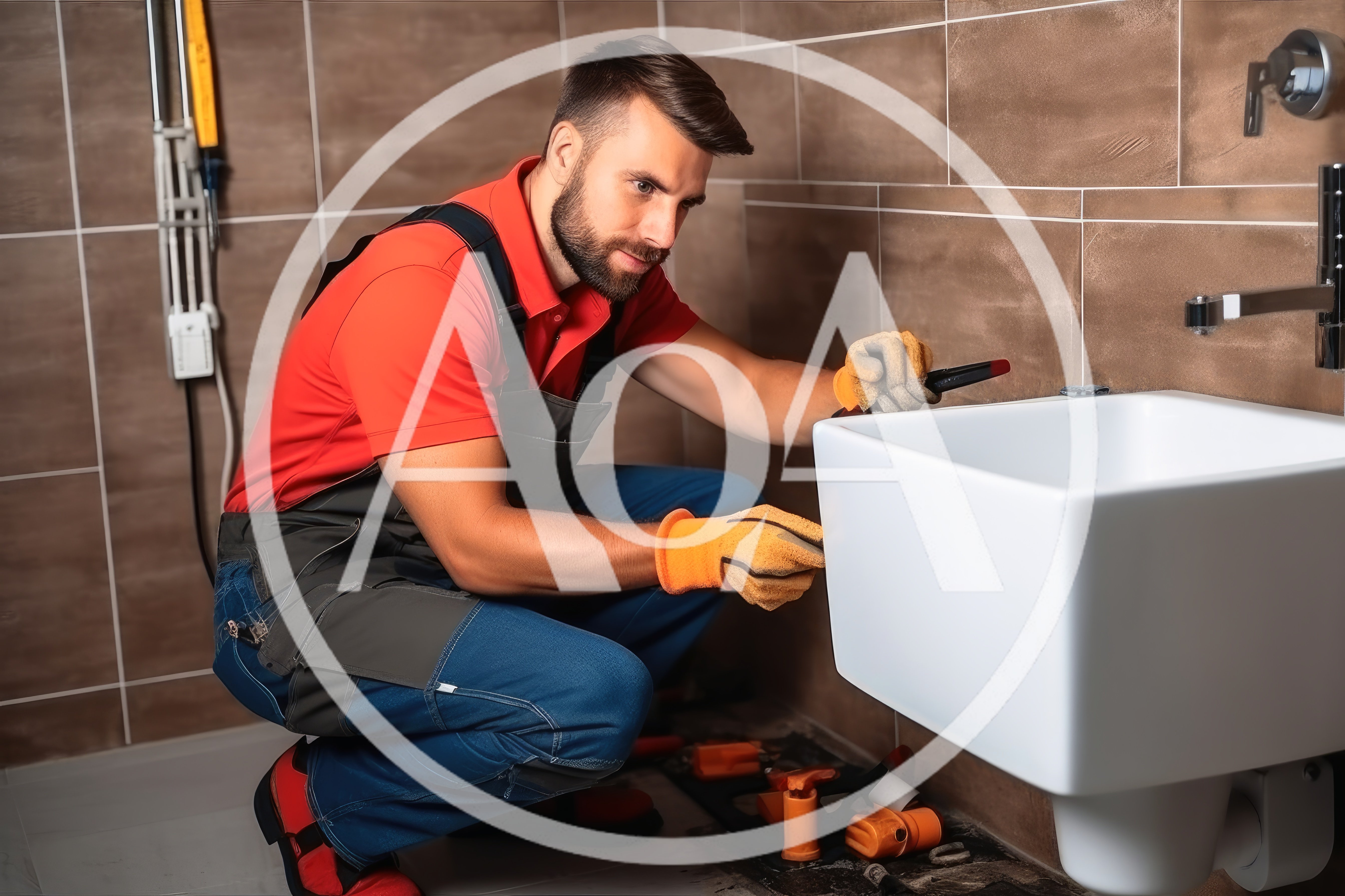 Professional Plumber Installing A Wall Mounted Bathroom Sink