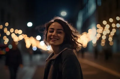 Young Woman Smiling Outdoors At Night With Bokeh Lights