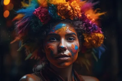 Portrait Of A Woman With Vibrant Face Paint And Floral Headdress