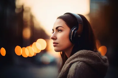 Young Woman Wearing Headphones Outdoors At Sunset