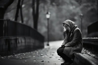 Sad Woman Sitting Alone On A Park Bench