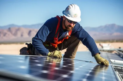 Solar Technician Installing Photovoltaic Panels In Desert Landscape