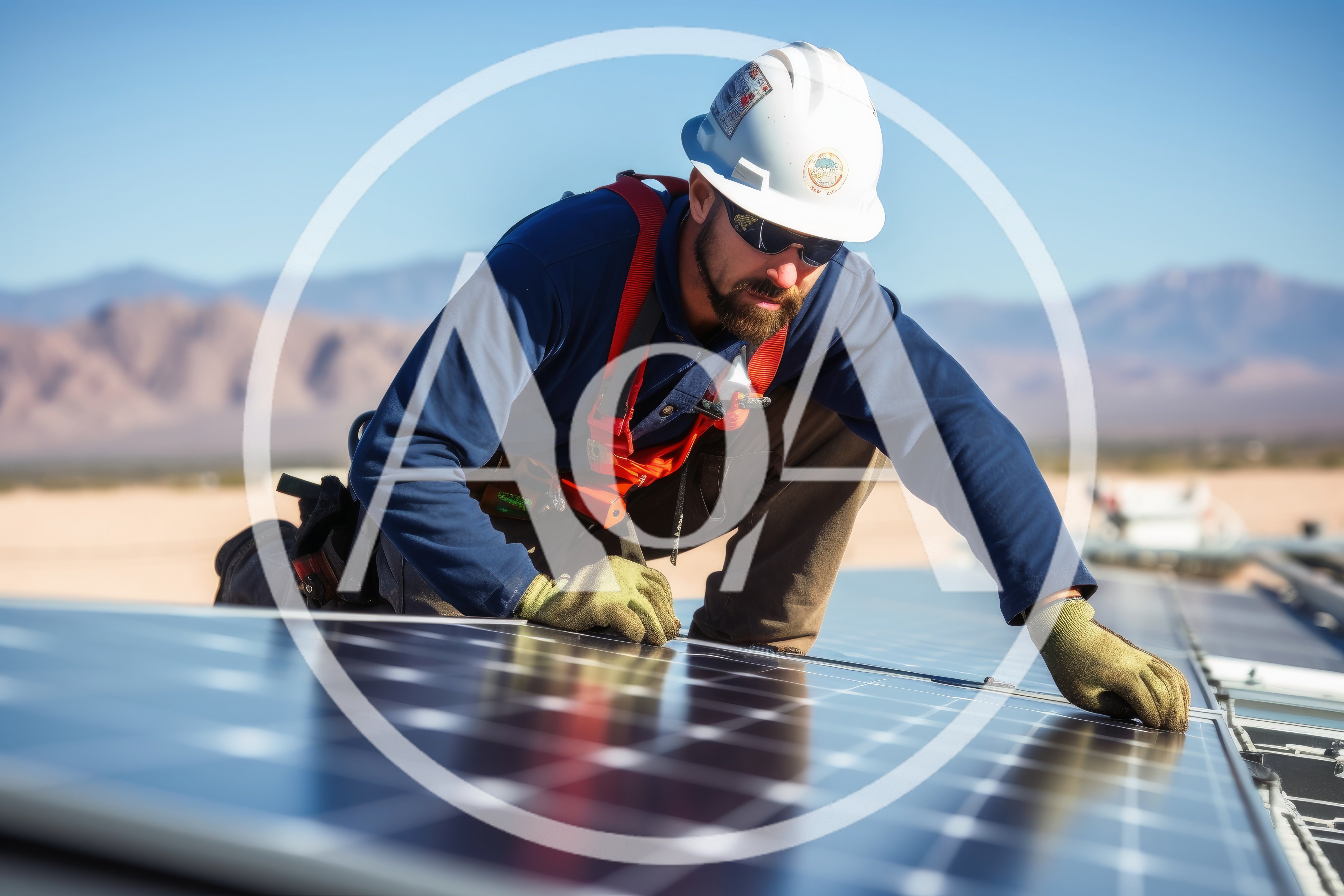 Solar Technician Installing Photovoltaic Panels In Desert Landscape
