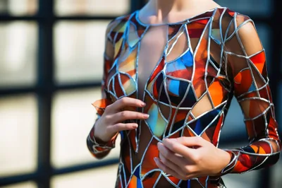 Woman Wearing Stained Glass Pattern Fashion Bodysuit