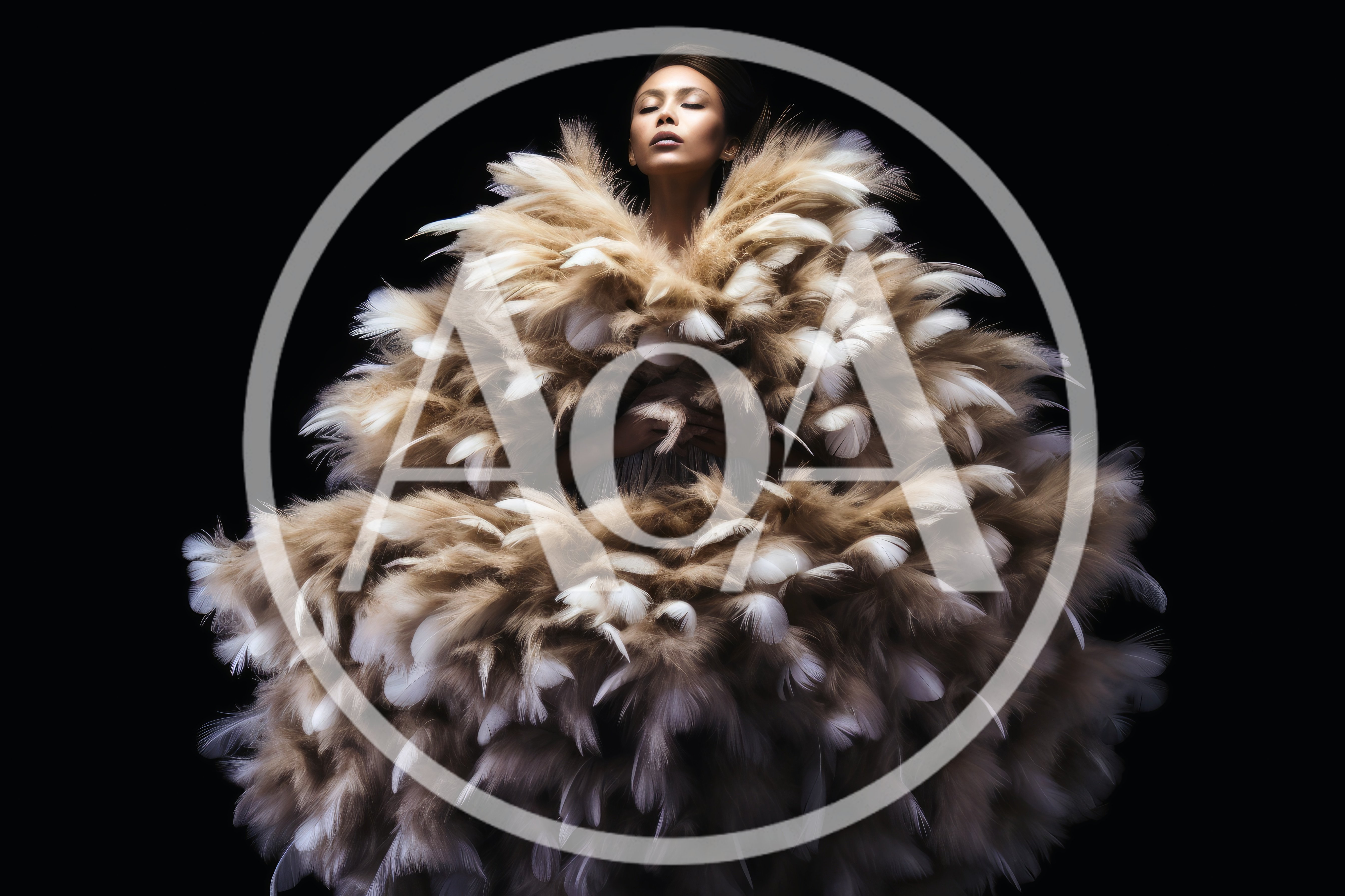 Fashion Model Wearing Voluminous Feather Couture Gown