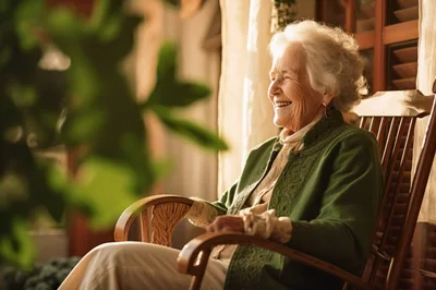 Elderly Woman Smiling While Sitting In A Rocking Chair
