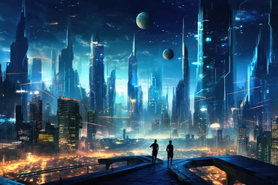 Two Silhouettes Overlooking A Futuristic Cyberpunk Cityscape