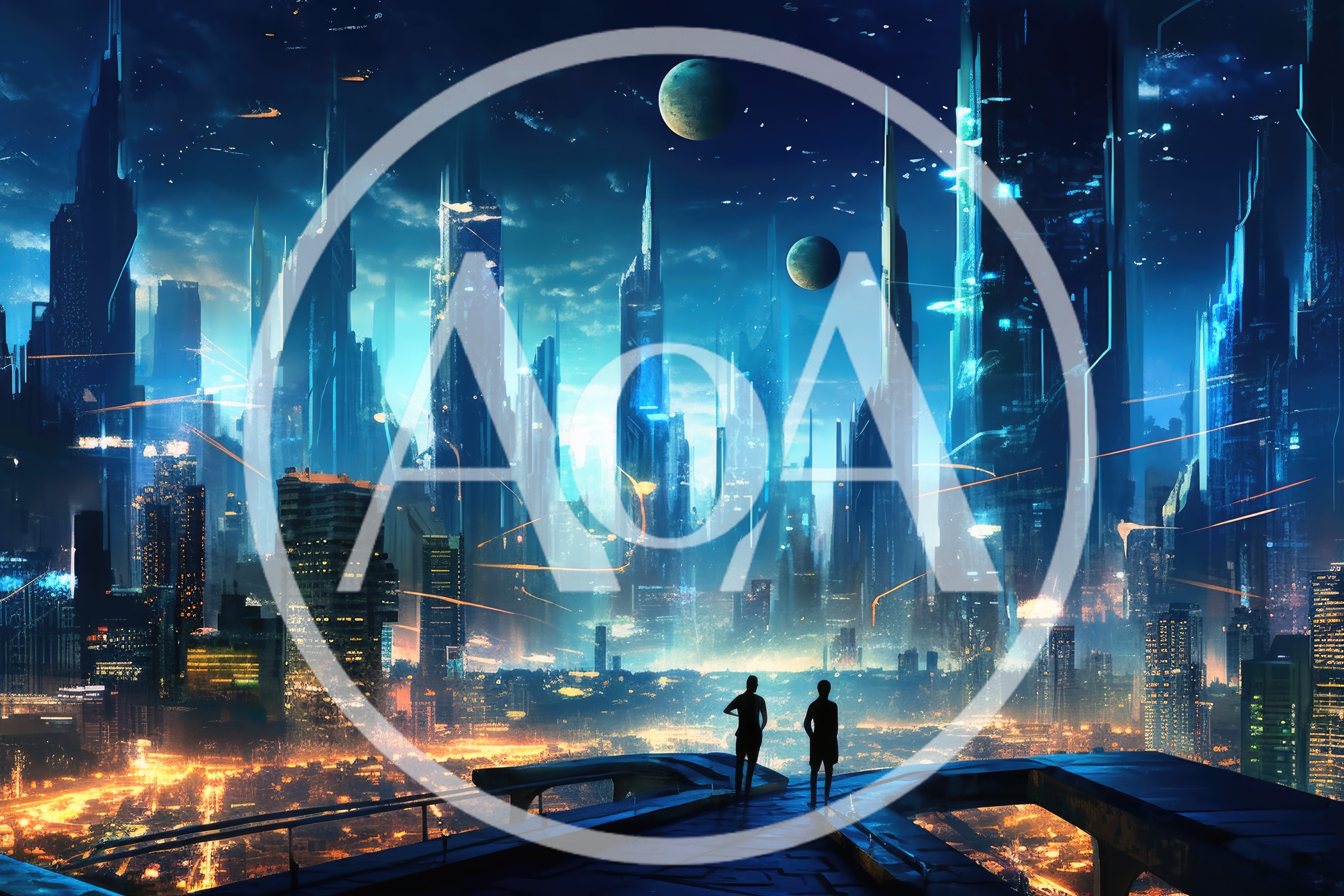 Two Silhouettes Overlooking A Futuristic Cyberpunk Cityscape