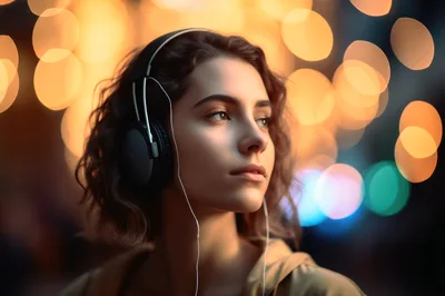 Young Woman Listening To Music With Headphones