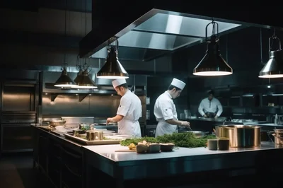 Professional Chefs Preparing Gourmet Dishes In Commercial Kitchen