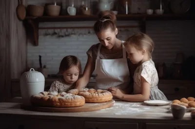 Mother and Daughters Baking Bread in Rustic Kitchen