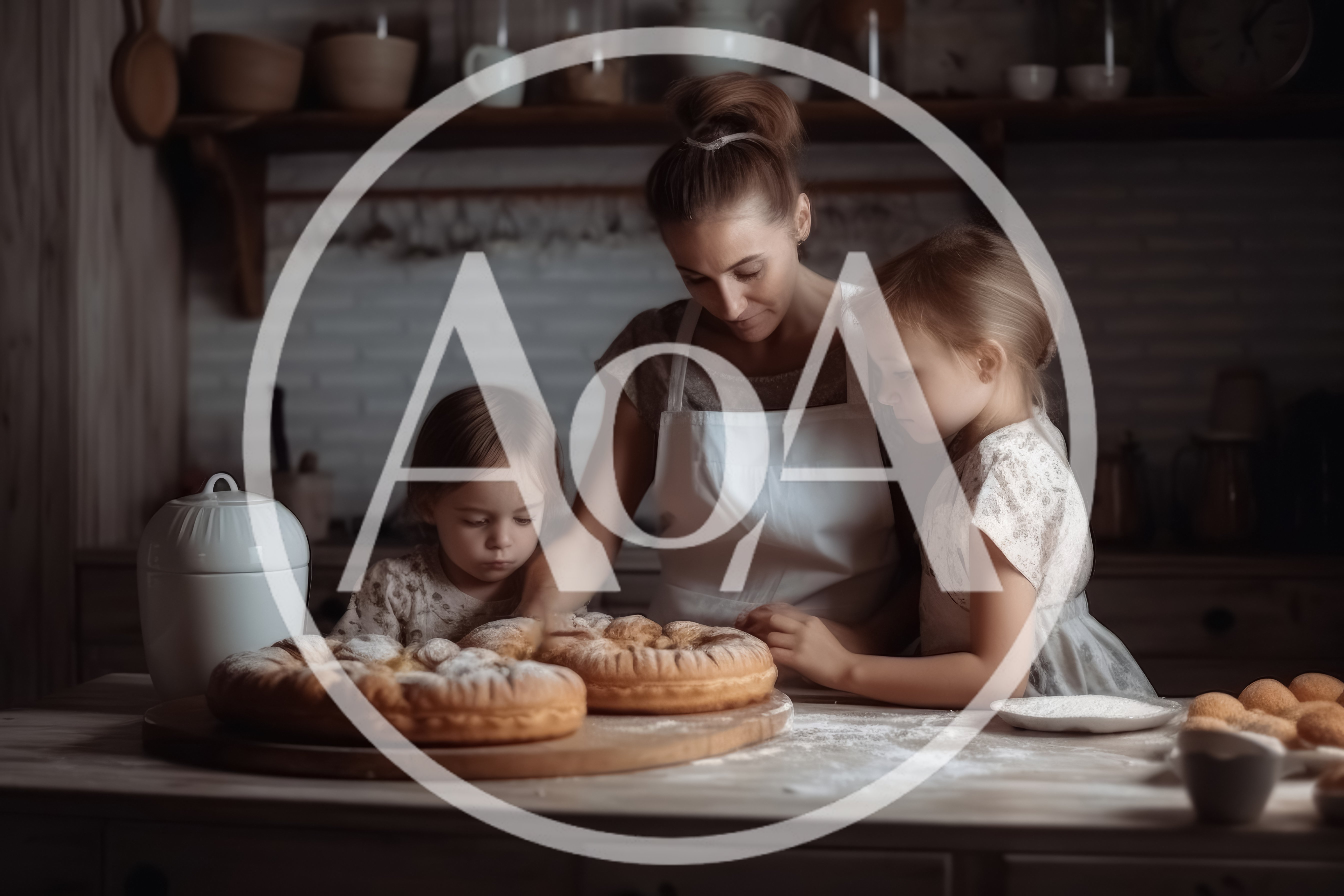 Mother and Daughters Baking Bread in Rustic Kitchen
