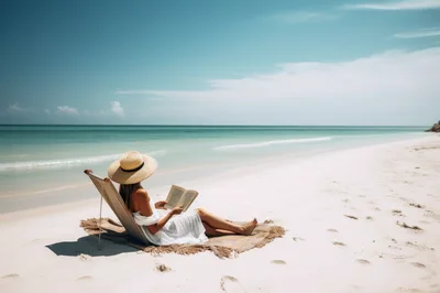 Woman Reading Book While Relaxing On Tropical Beach