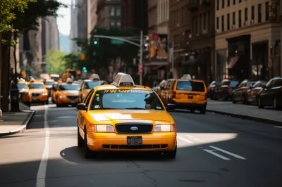 Yellow Taxi Cab Driving Down A Busy New York City Street
