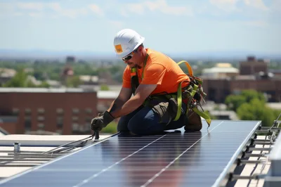 Construction Worker Installing Solar Panels On Rooftop