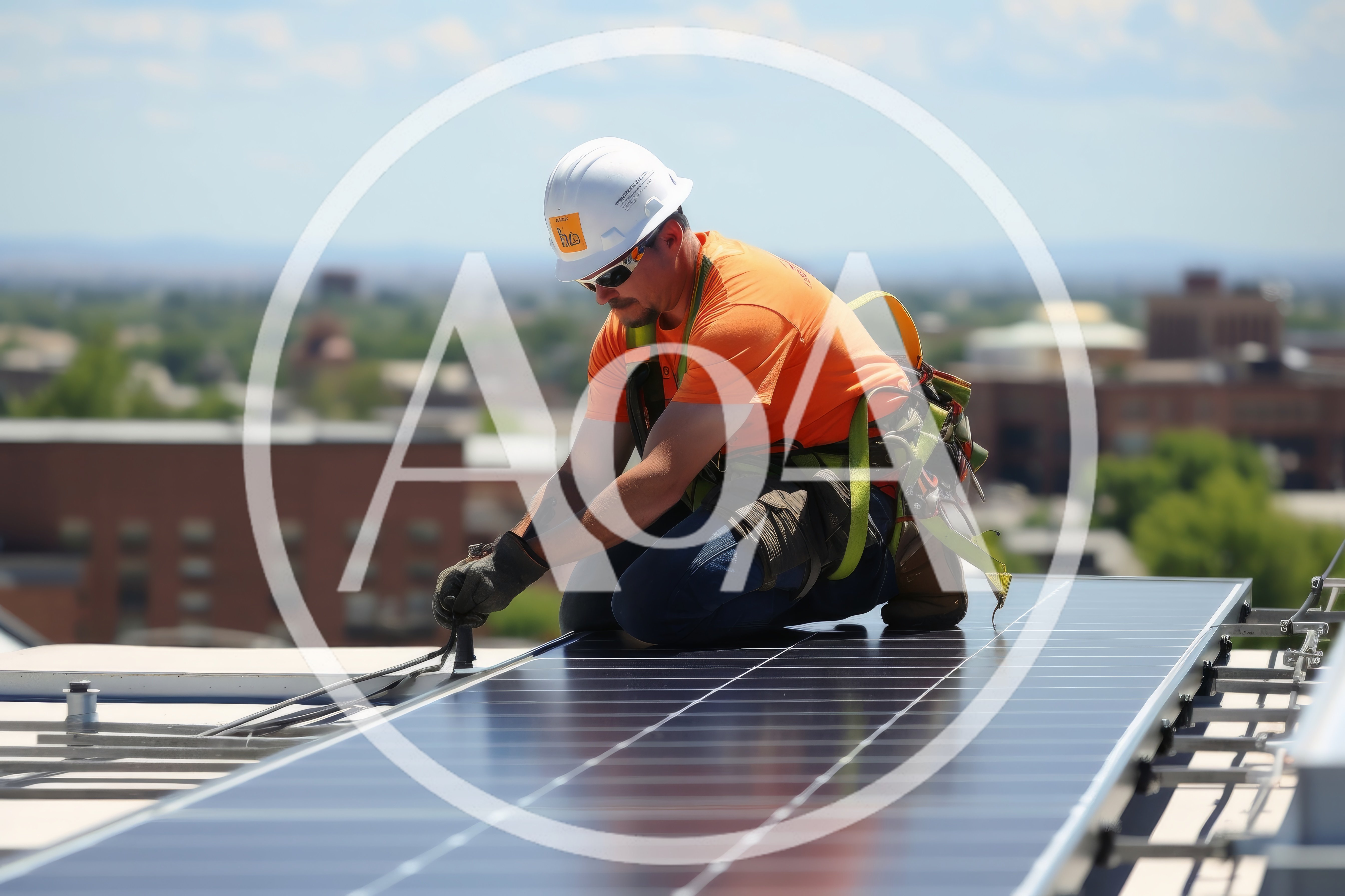 Construction Worker Installing Solar Panels On Rooftop
