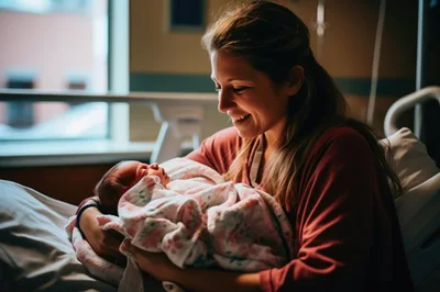 New Mother Holding Her Newborn Baby In Hospital Bed