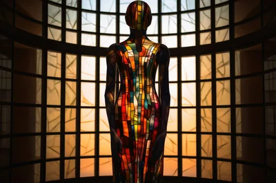 Stained Glass Humanoid Sculpture Standing In Architectural Interior
