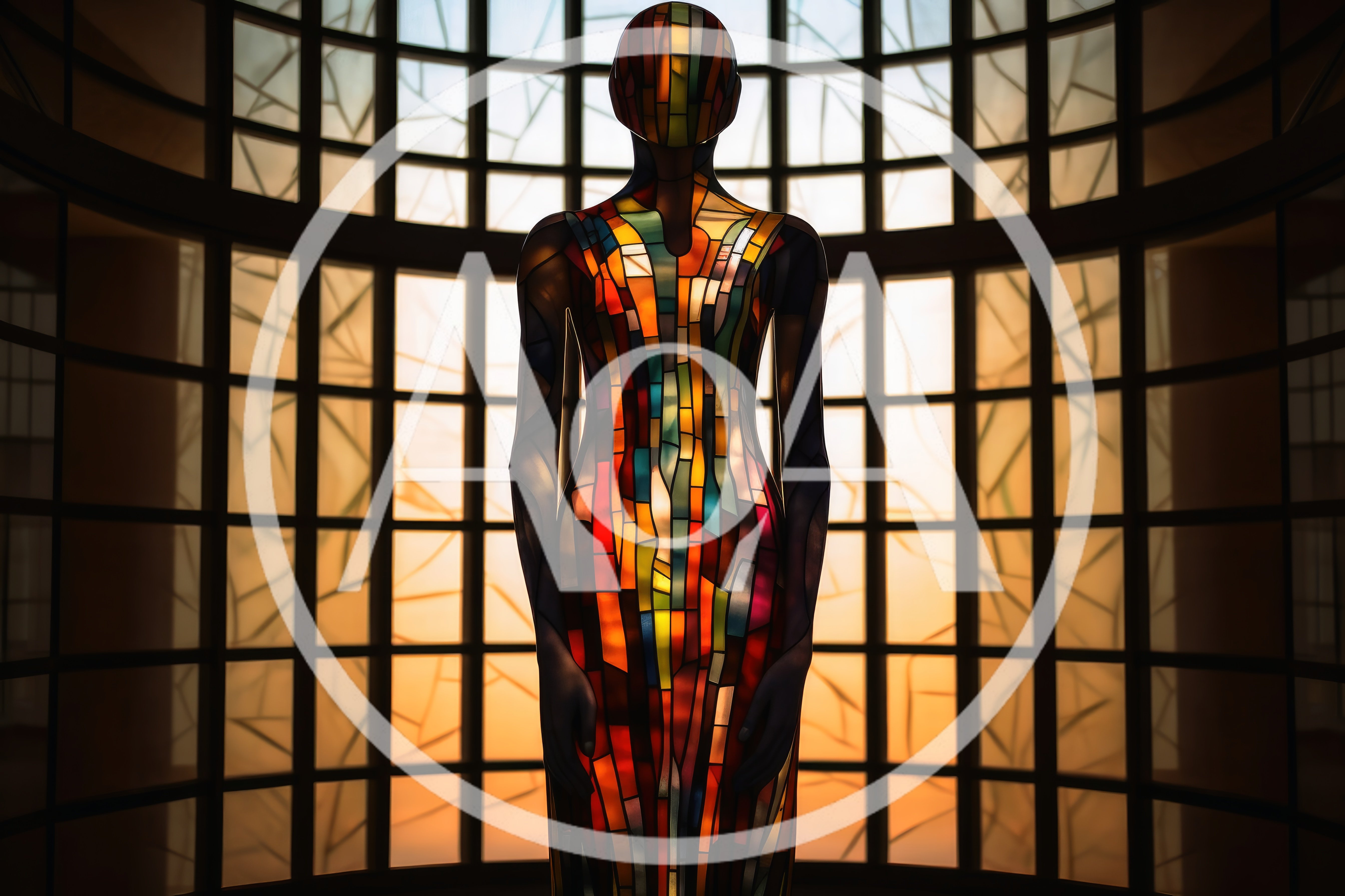 Stained Glass Humanoid Sculpture Standing In Architectural Interior