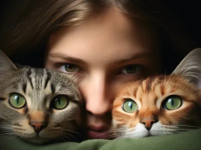 Close Up Portrait Of A Girl With Two Cats