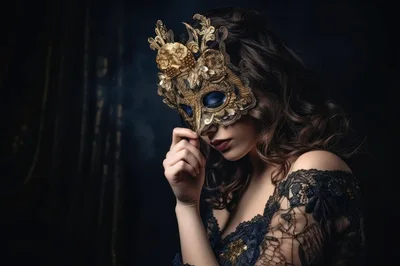 Woman Wearing Ornate Gold Venetian Masquerade Mask