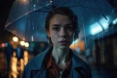 Young Woman Standing Under Umbrella In Rainy City Night