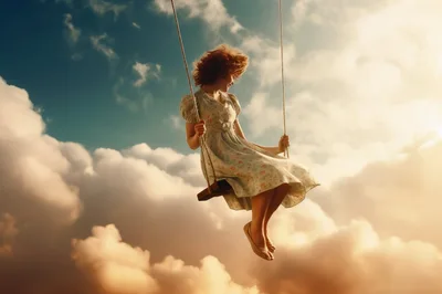 Young Woman Swinging High Above The Clouds