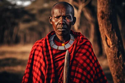 Maasai Warrior Standing In Traditional Red Shuka Garment