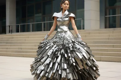 Futuristic Metallic Fashion Model Standing On Stone Steps