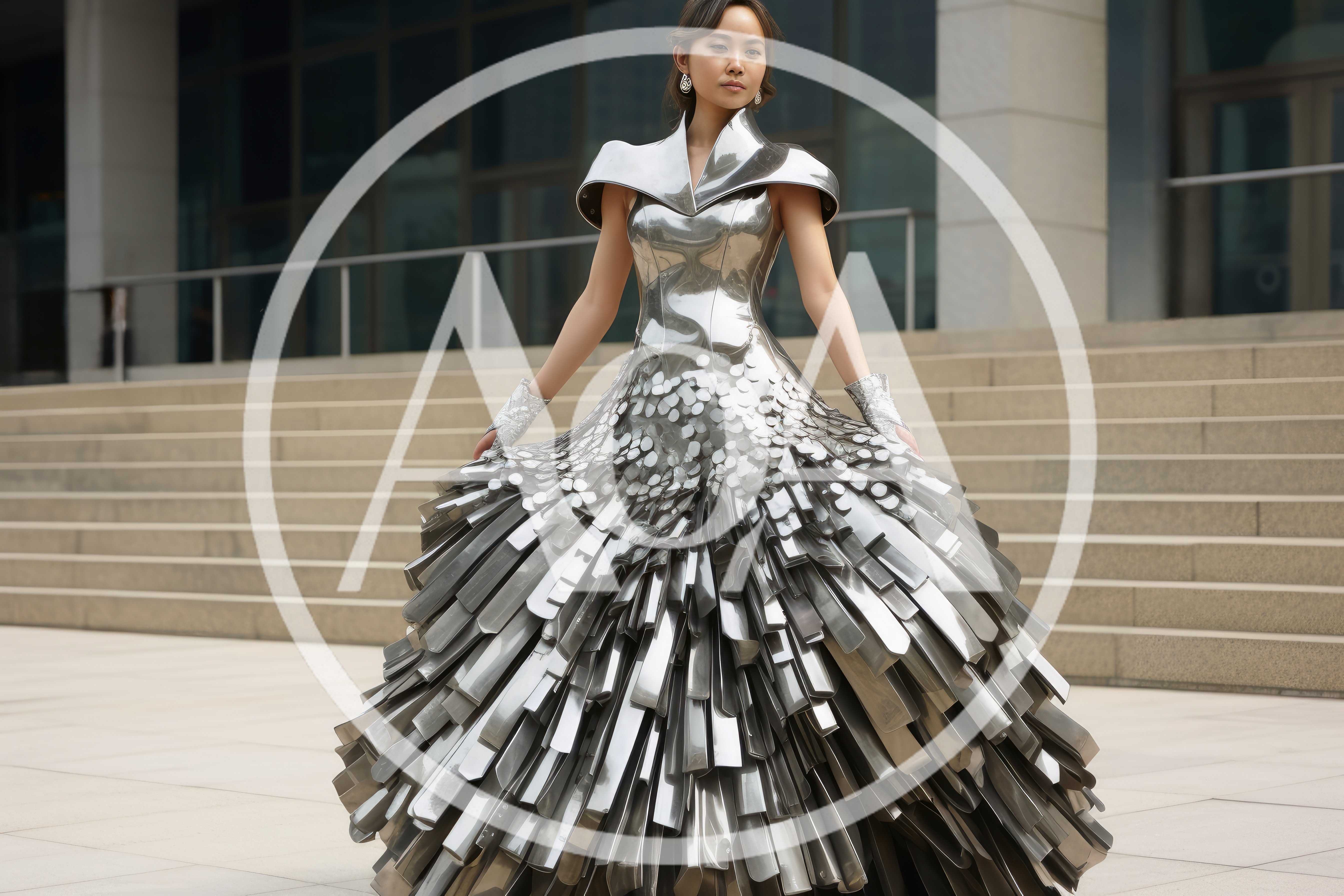 Futuristic Metallic Fashion Model Standing On Stone Steps