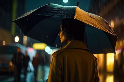 Woman Standing Under Umbrella In Rainy City Night
