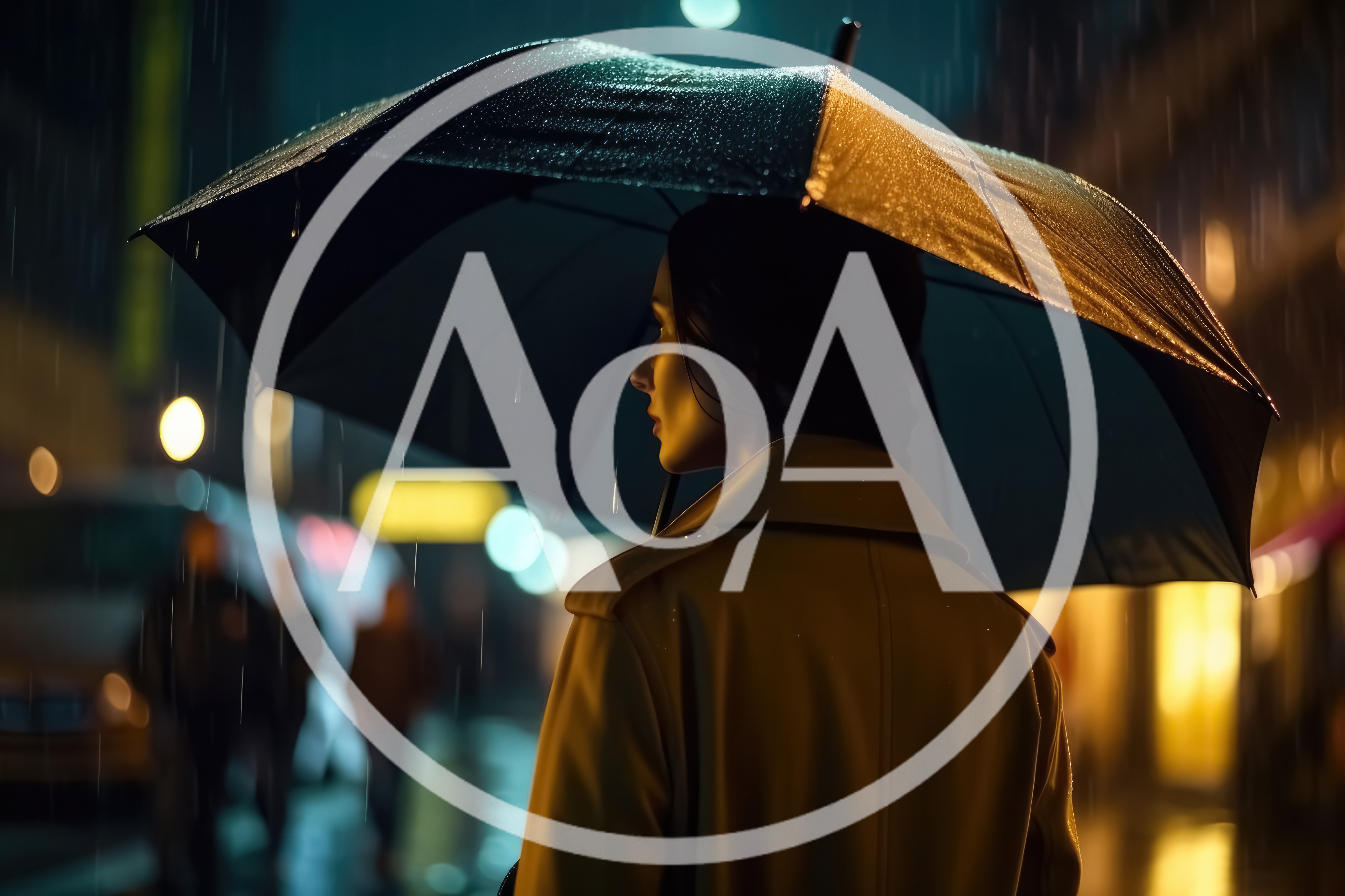 Woman Standing Under Umbrella In Rainy City Night