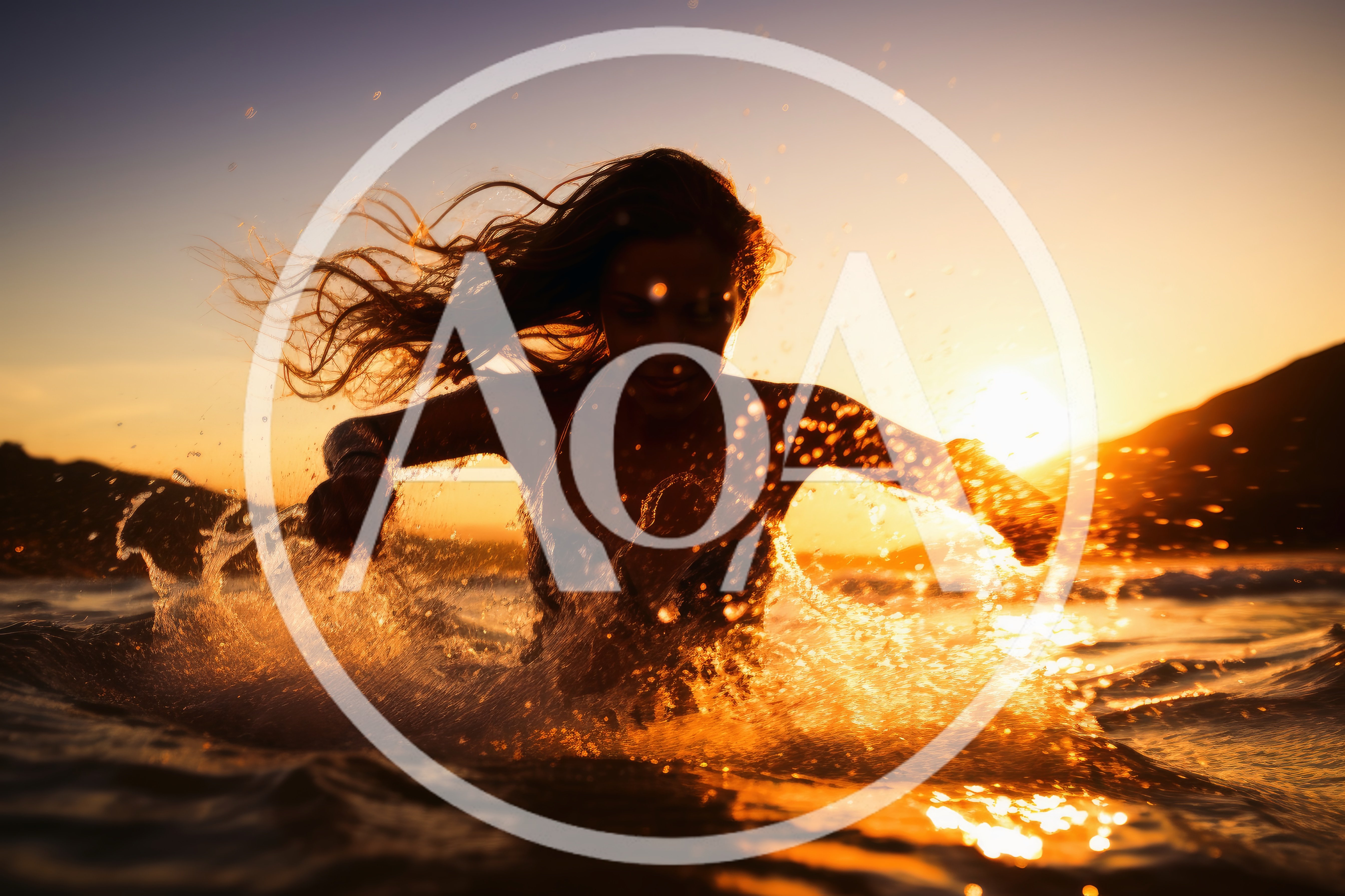 Woman Splashing Water In Ocean At Sunset