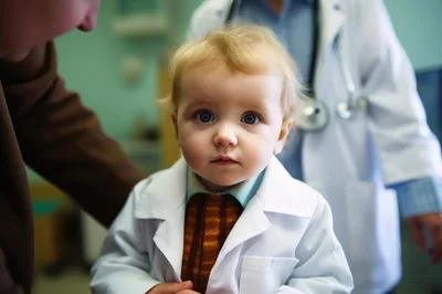 Toddler Dressed As A Doctor In A Medical Office