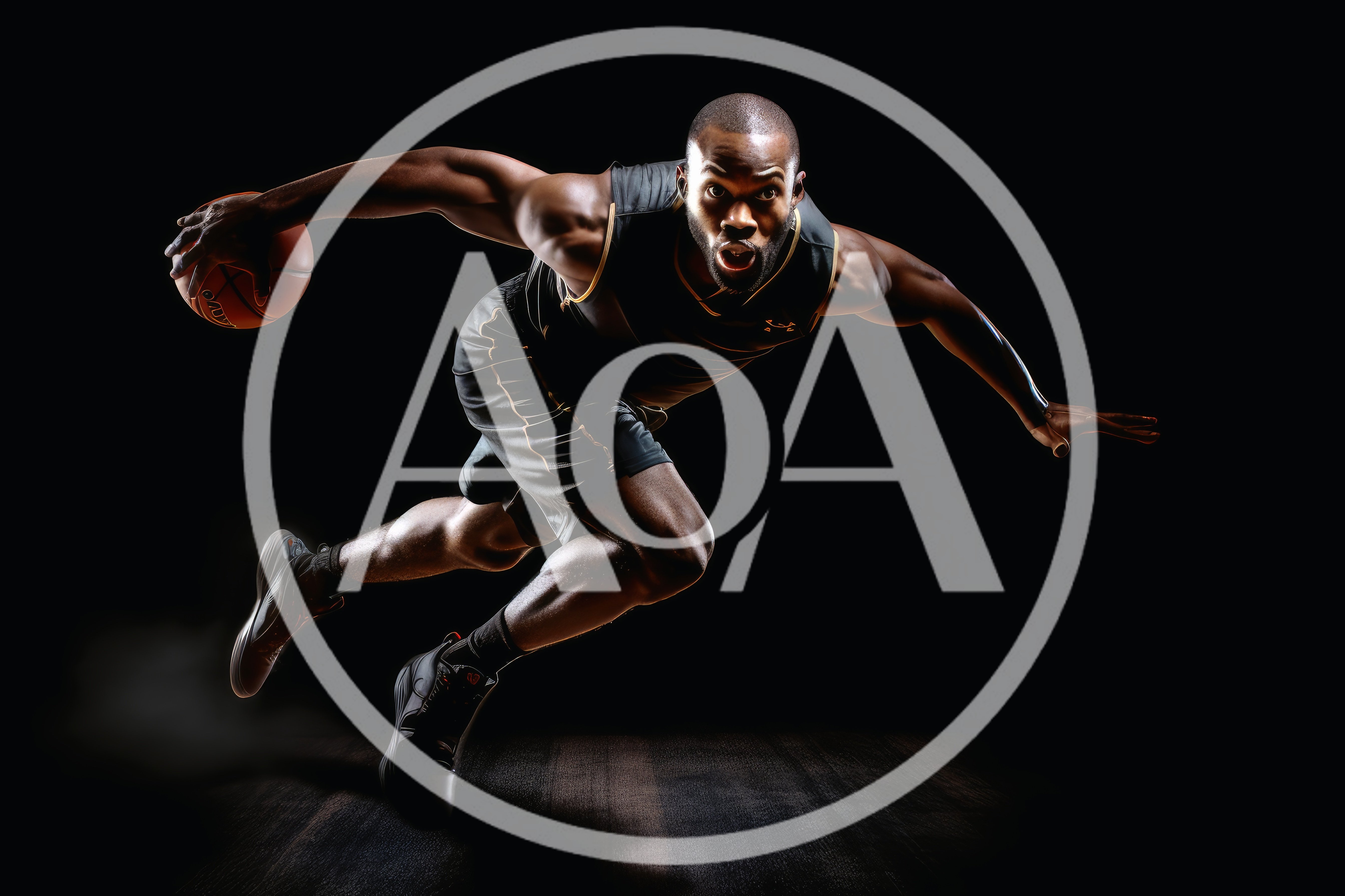 Athletic Basketball Player Dribbling Ball Against Black Background