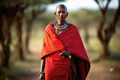 Maasai Warrior Standing in Traditional Red Shuka