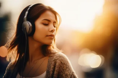 Young Woman Listening To Music With Headphones Outdoors