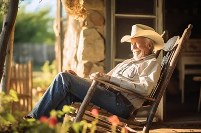 Elderly Cowboy Relaxing In A Wooden Rocking Chair