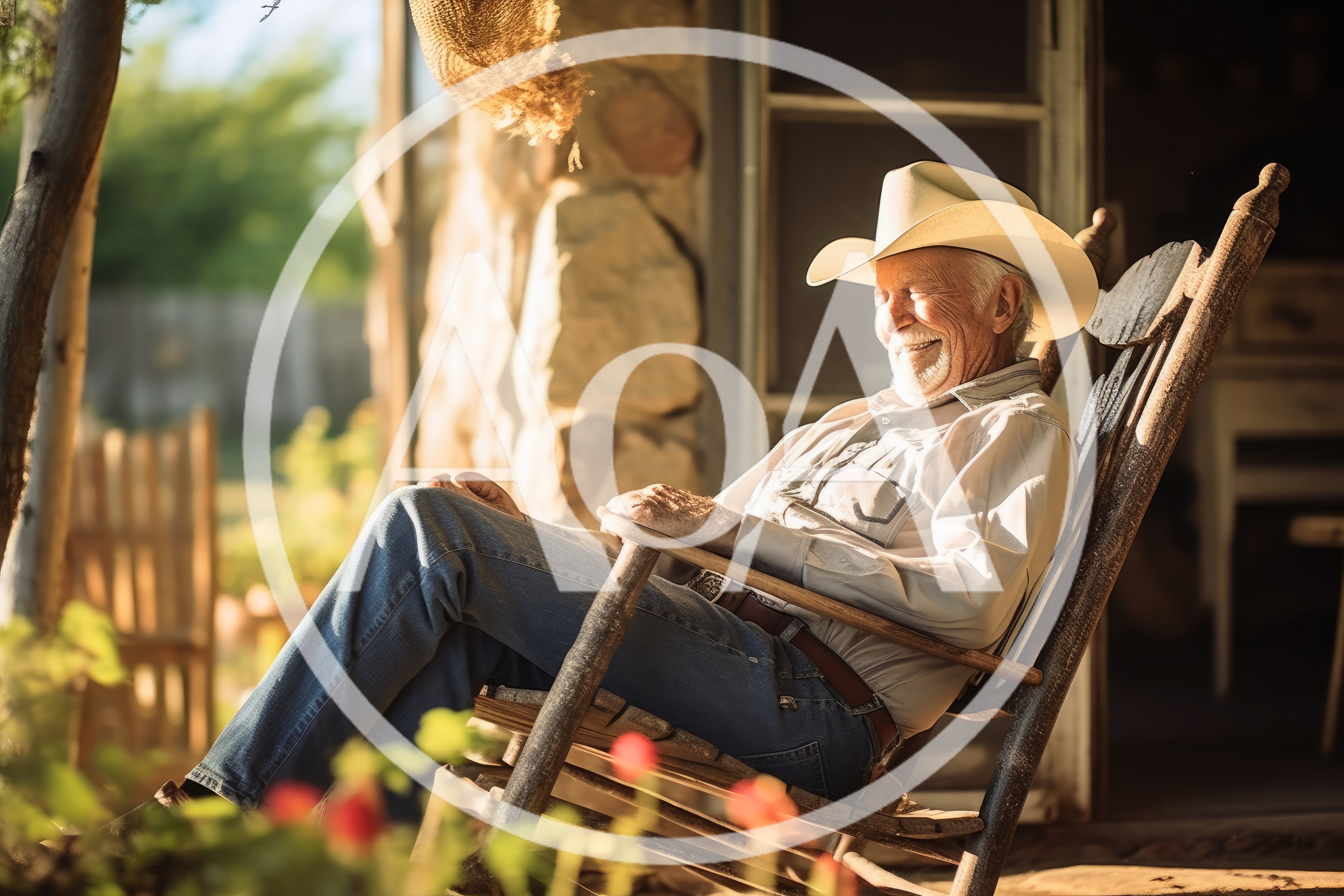 Elderly Cowboy Relaxing In A Wooden Rocking Chair