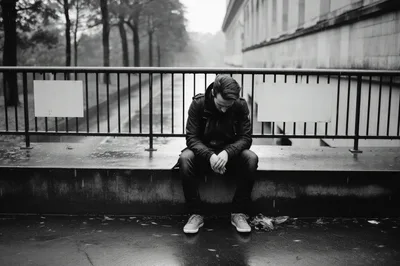 Depressed Young Man Sitting Alone On A Concrete Ledge
