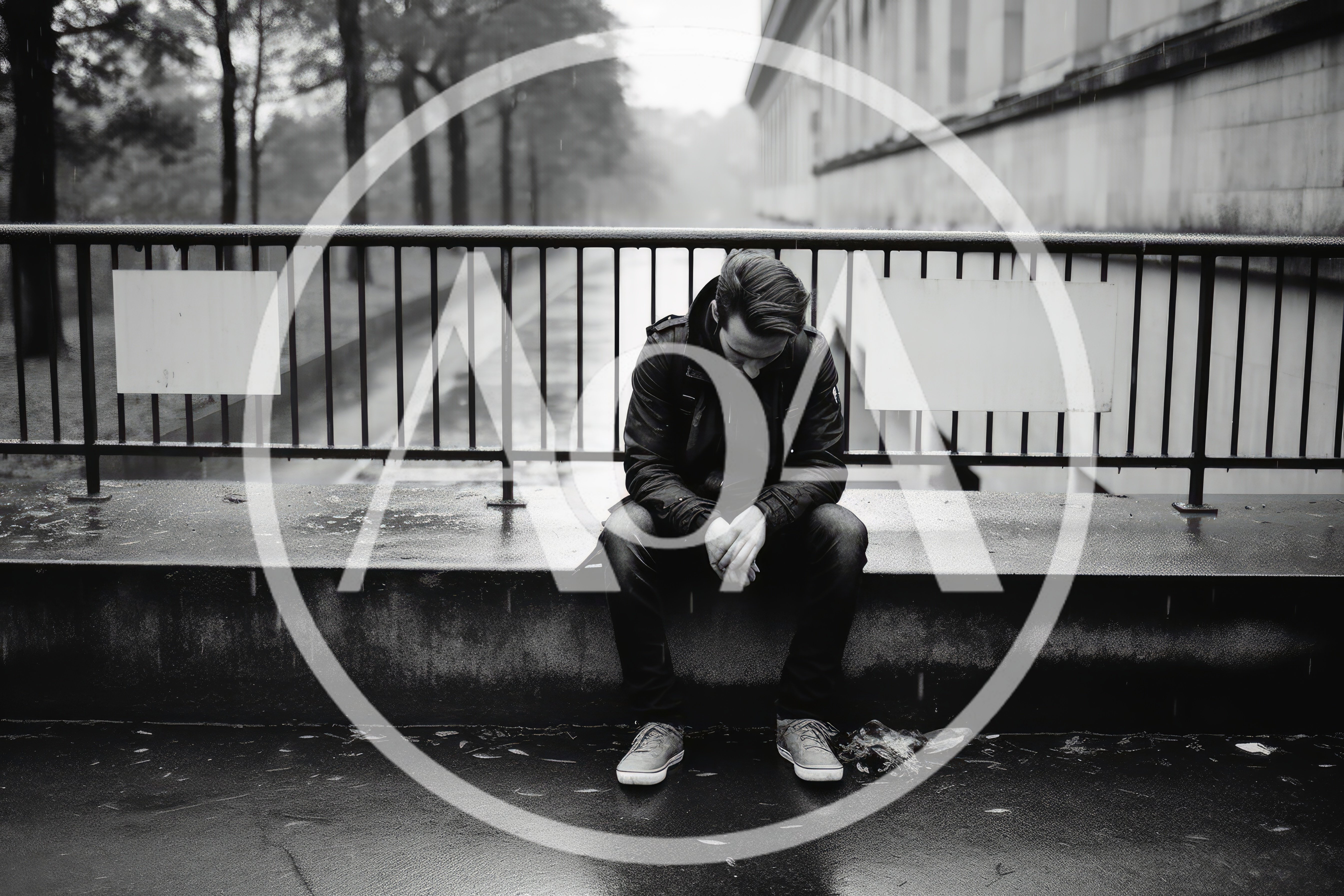 Depressed Young Man Sitting Alone On A Concrete Ledge