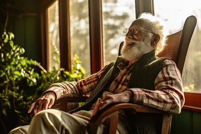 Elderly Man Relaxing In A Wooden Rocking Chair