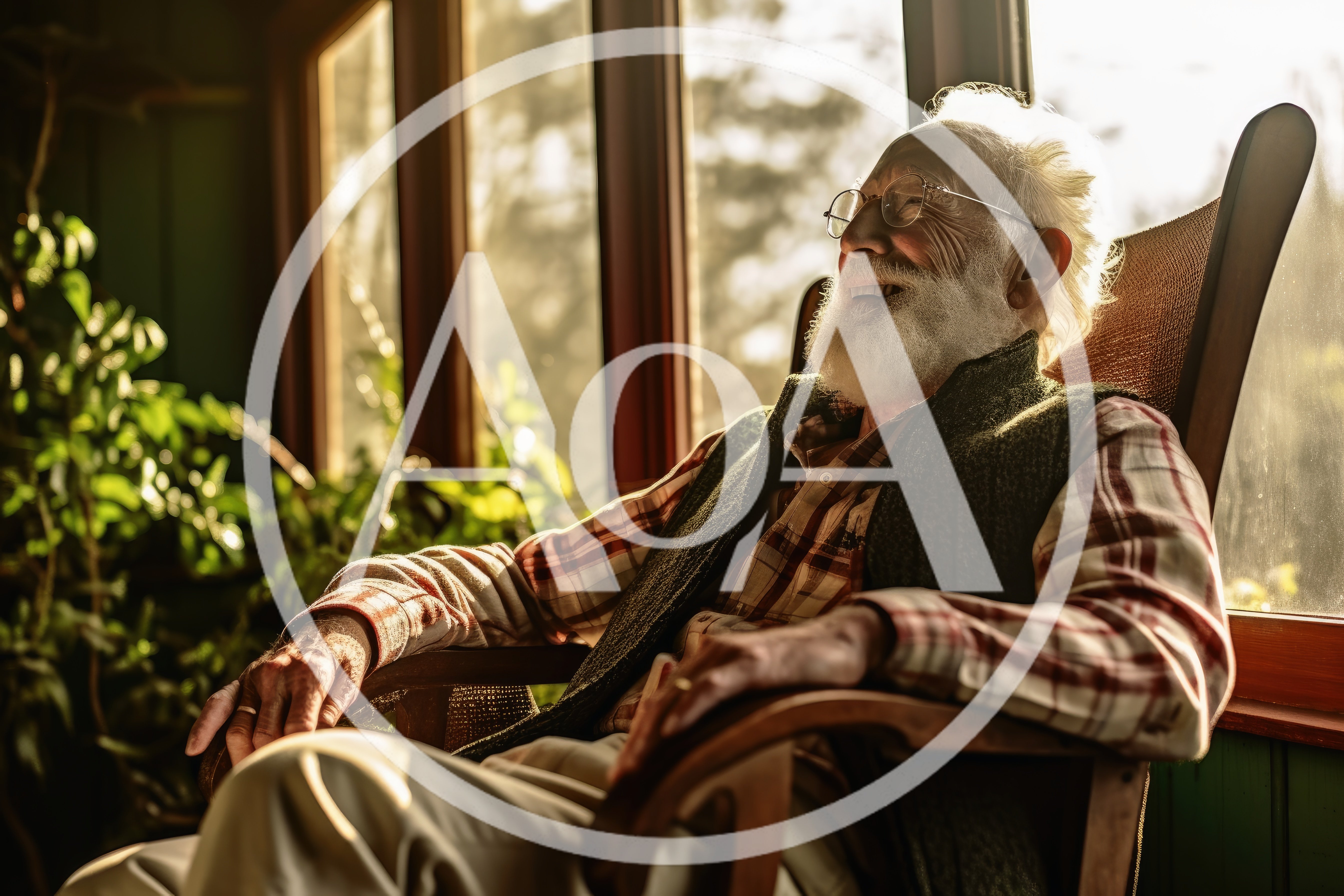 Elderly Man Relaxing In A Wooden Rocking Chair