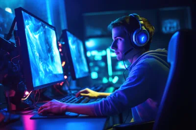 Young Gamer Playing Video Games In Dark Room