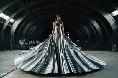 Woman Wearing Metallic Futuristic Gown in Industrial Hangar